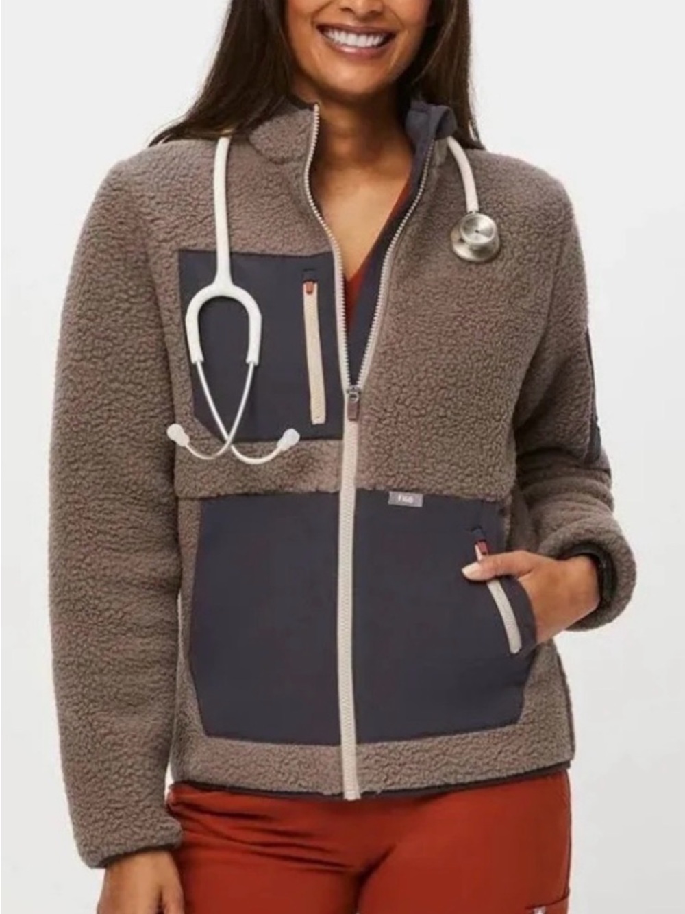 Figs Taupe Sherpa Jacket with Dark Gray Contrast Panels - Medium